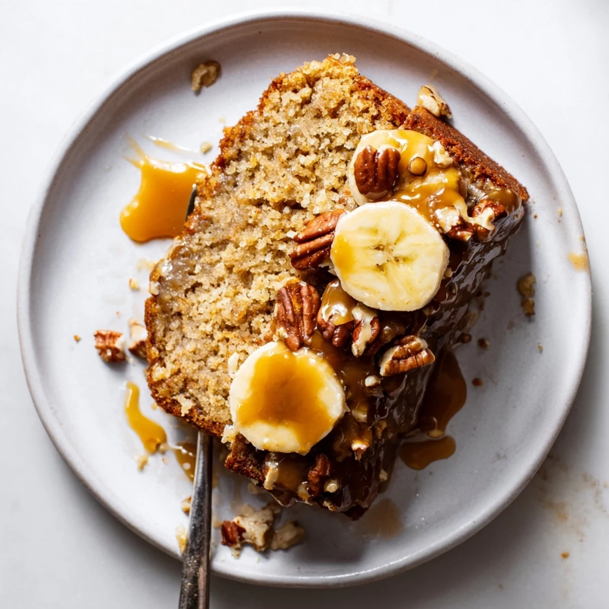 Golden salted caramel sauce drips down the moist brown butter banana cake slice