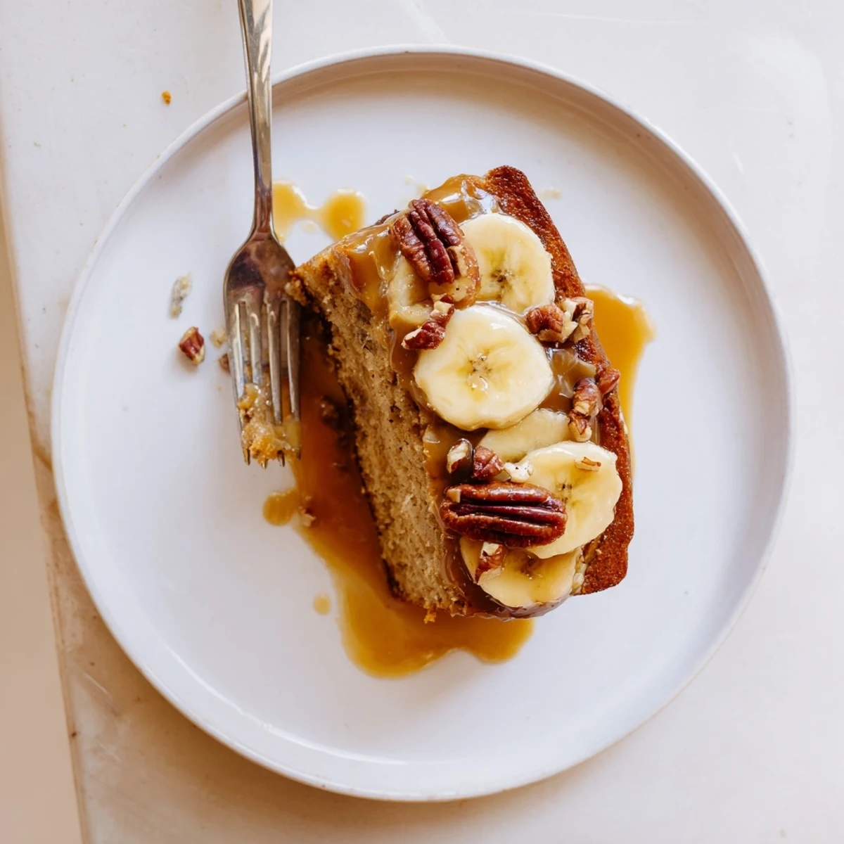 Rich banana cake topped with luscious salted caramel and fresh banana slices