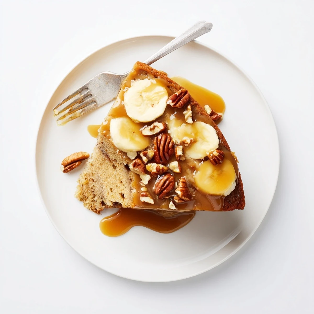 Slice of indulgent caramel banana cake featuring nutty brown butter and sea salt