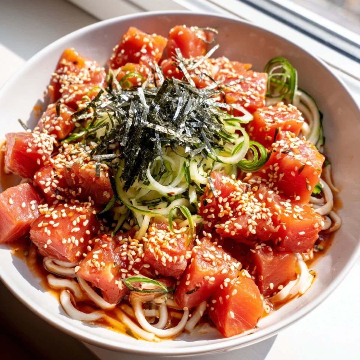 Steaming bowl of spicy tuna udon noodles topped with fresh green onions, cucumber, and sesame seeds