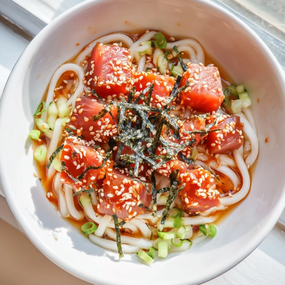Japanese-style udon noodle bowl featuring marinated spicy tuna with nori and crisp vegetables