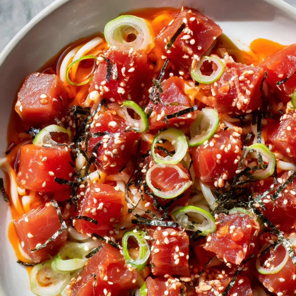 Savory spicy tuna udon served in rich dashi broth with shredded seaweed and green onions