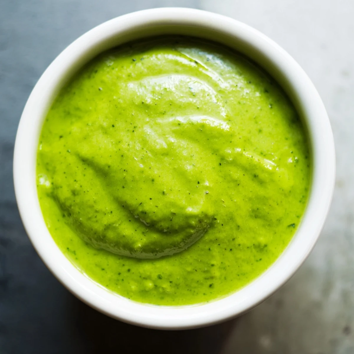 Spicy Peruvian green sauce aji verde dolloped beside roasted vegetables and lime wedges on wooden board