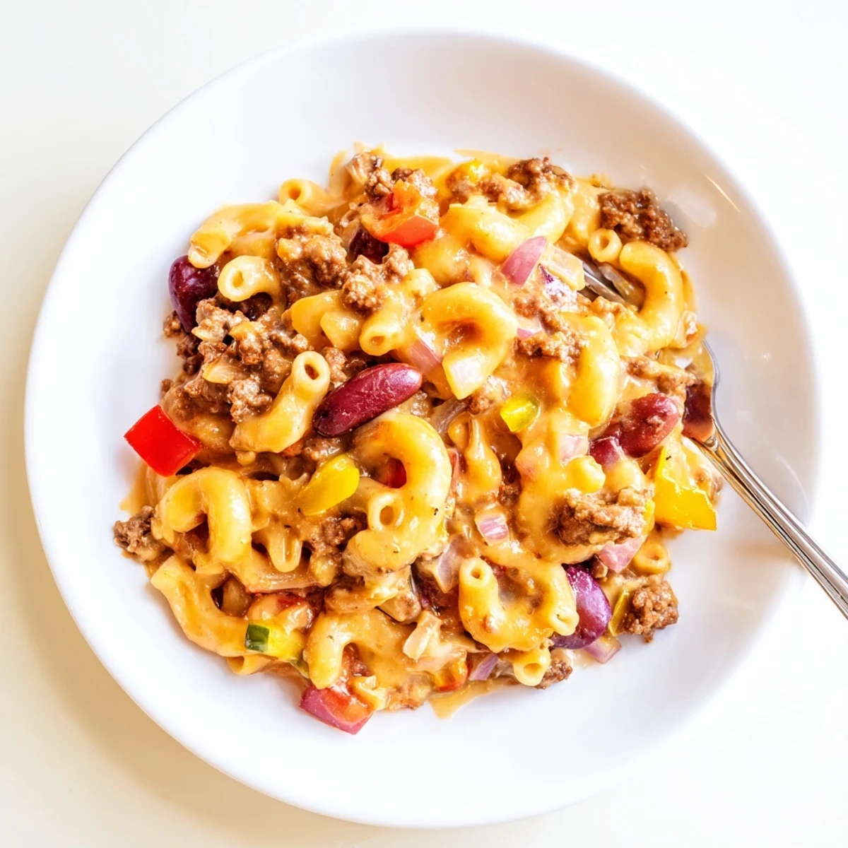 Steaming bowl of chili mac and cheese loaded with ground beef, kidney beans, and melted cheddar