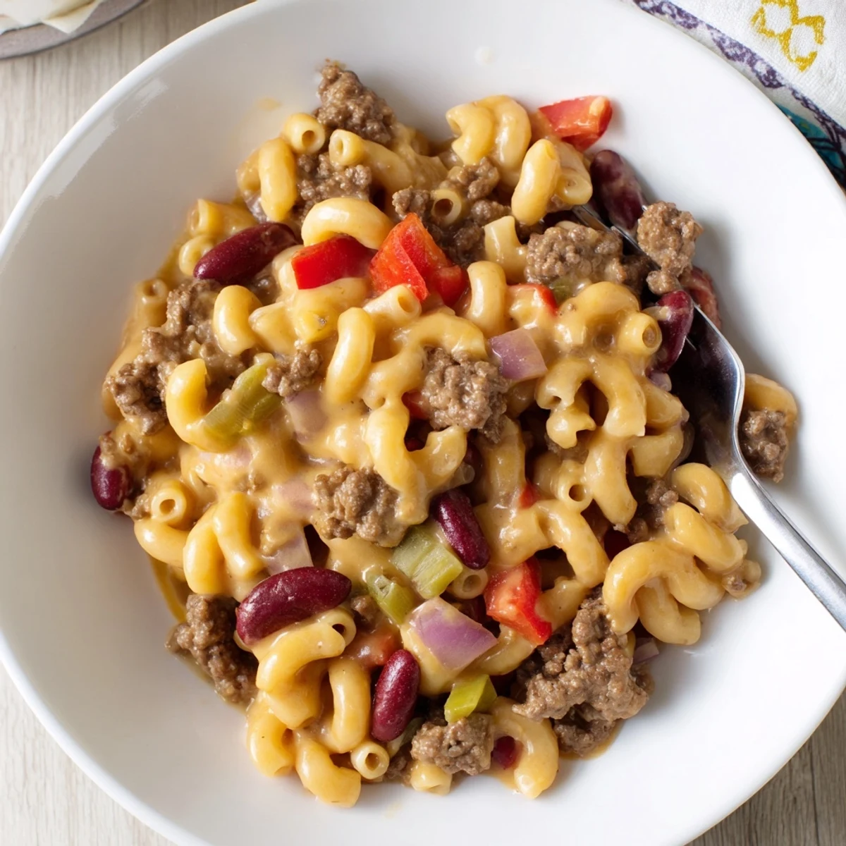 Creamy one-pot chili mac and cheese topped with shredded cheese and fresh green onion garnish