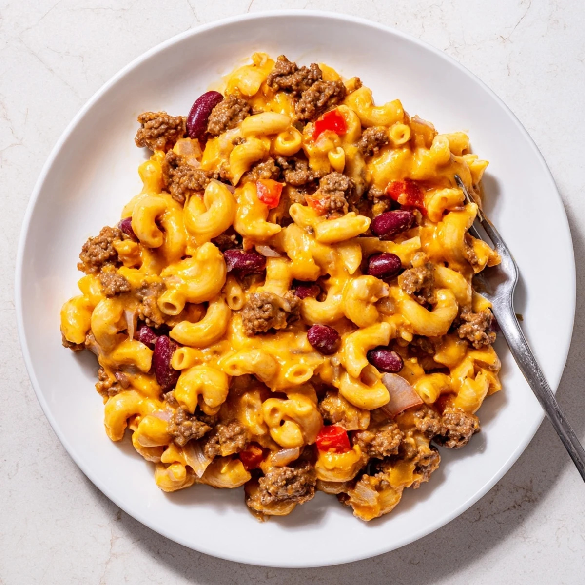 Hearty chili mac and cheese featuring tender macaroni mixed with seasoned beef and tomatoes in rich sauce