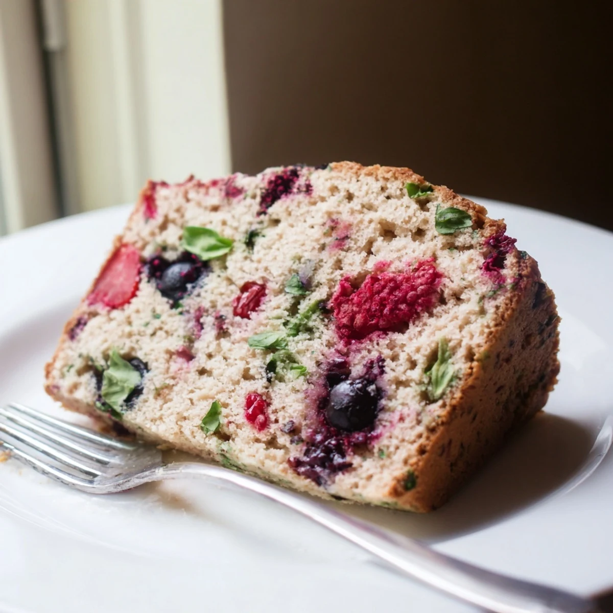 Golden slice of basil berry cake topped with fresh mixed berries and a dusting of powdered sugar