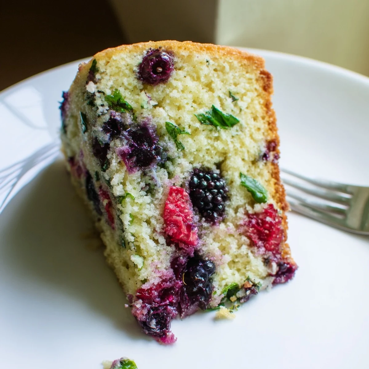Moist basil berry cake studded with juicy raspberries and blueberries on a white serving plate