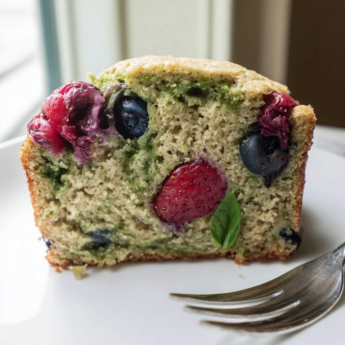 Homemade basil berry cake featuring flecks of fresh green basil and vibrant summer berry swirls