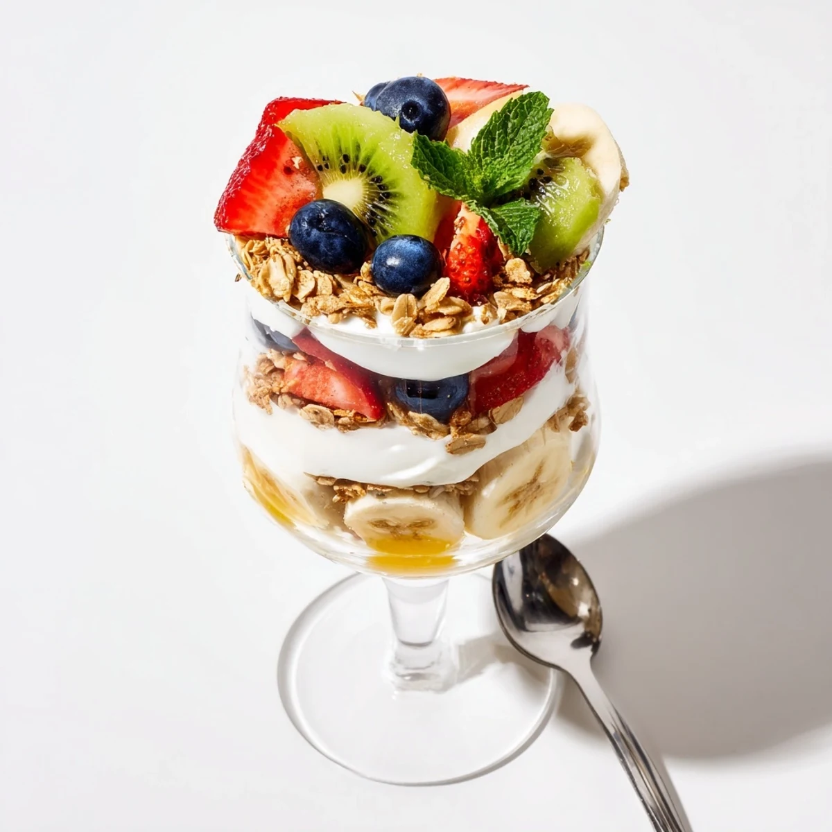 Layered yogurt parfait recipe with honey and fresh strawberries, blueberries, kiwi, and banana slices in clear glass.