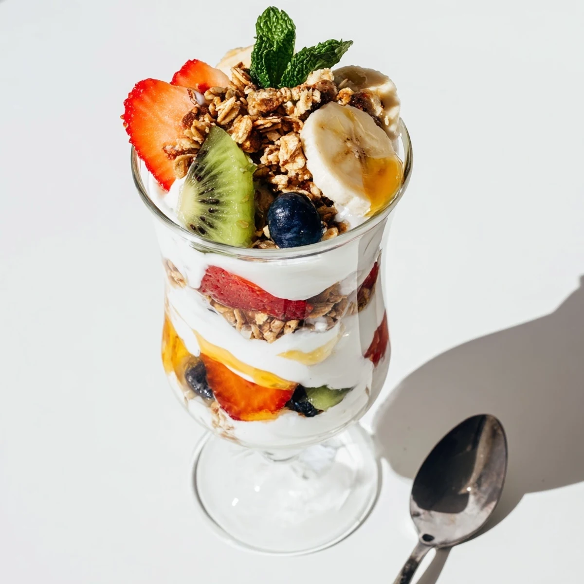Beautiful yogurt parfait recipe with honey displaying vibrant fresh fruits arranged in elegant layered parfait glasses for breakfast or dessert.