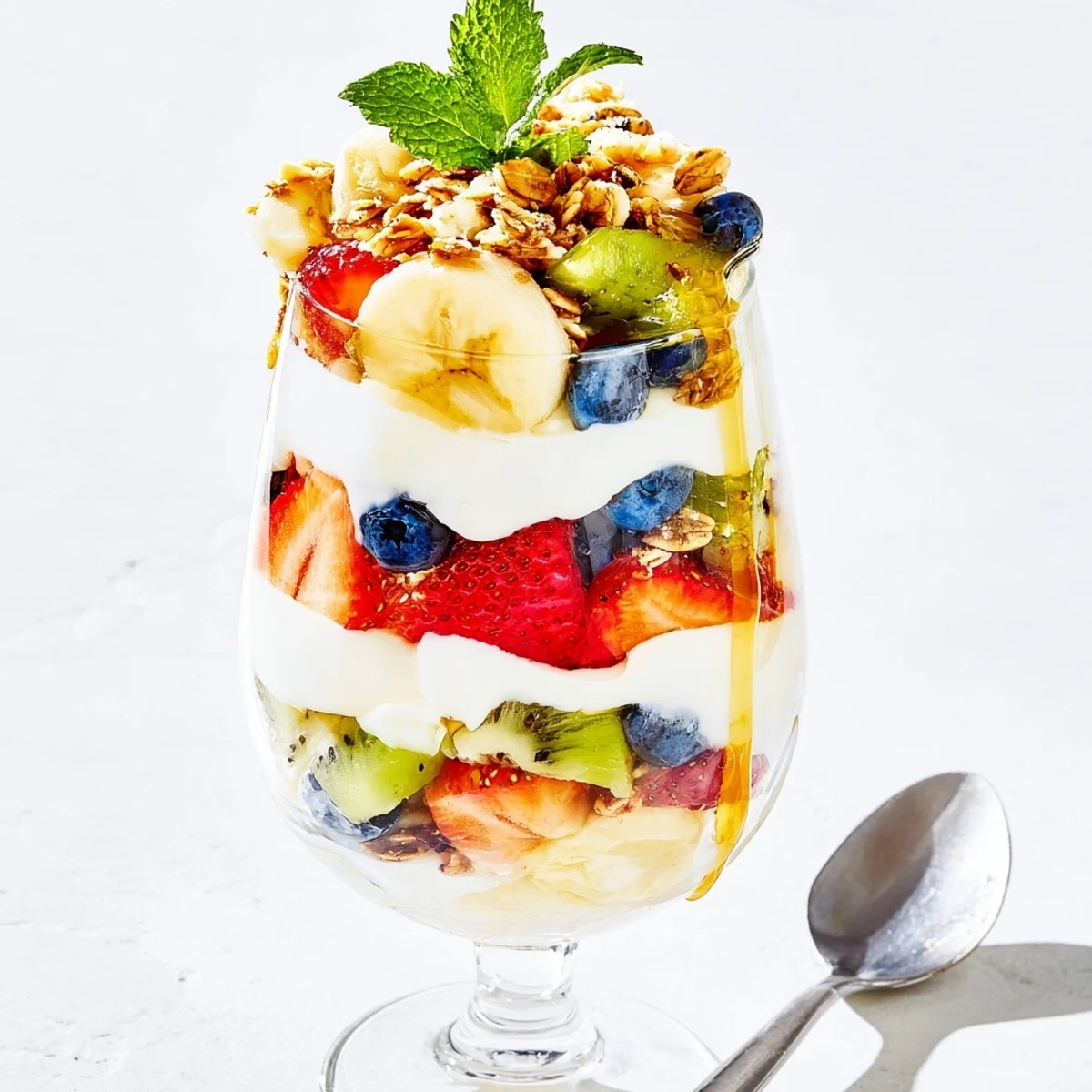 Healthy yogurt parfait recipe featuring creamy Greek yogurt, sweet honey drizzle, and colorful mixed fruit layers with granola topping.