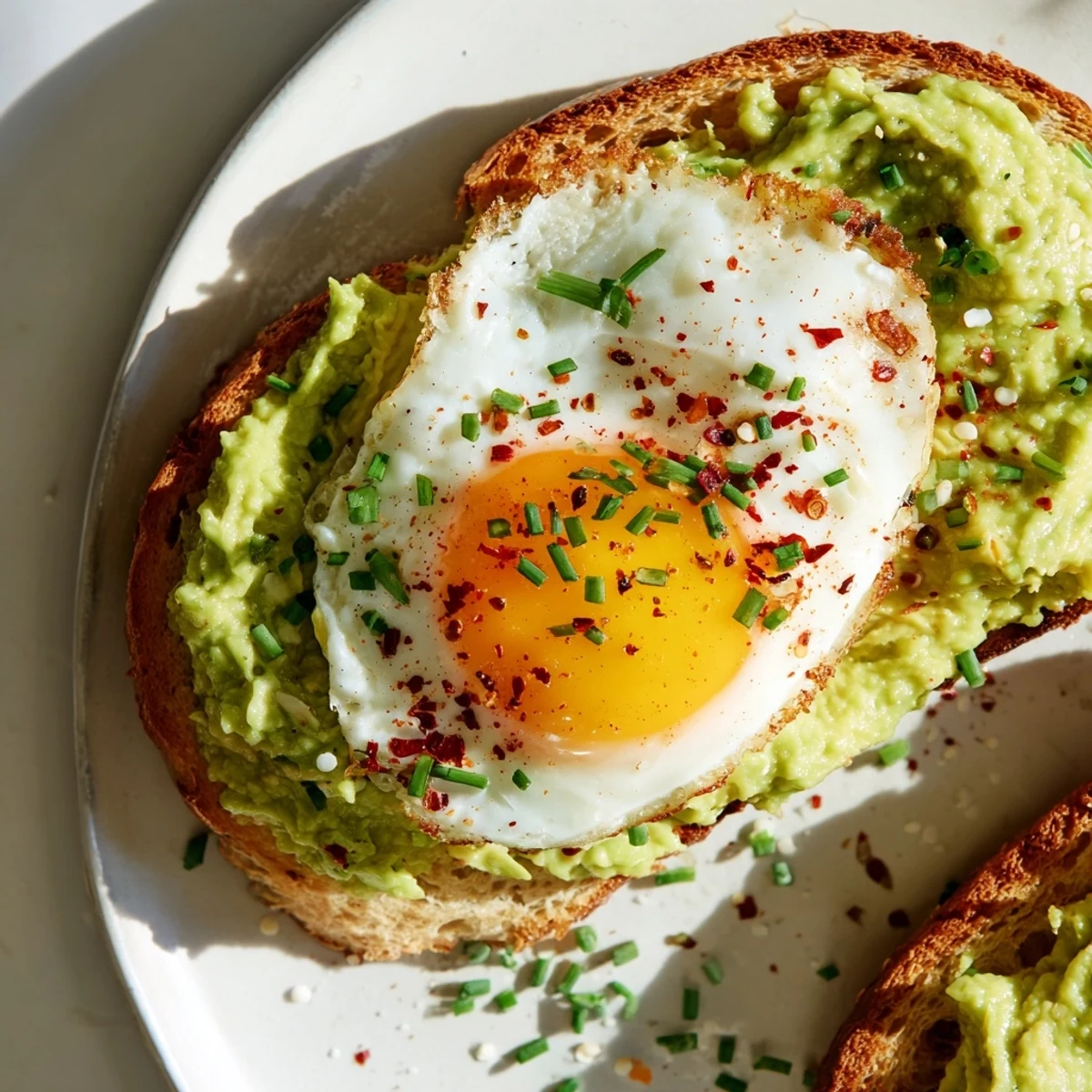 Simple avocado toast with egg recipe featuring a runny yolk over green seasoned avocado spread