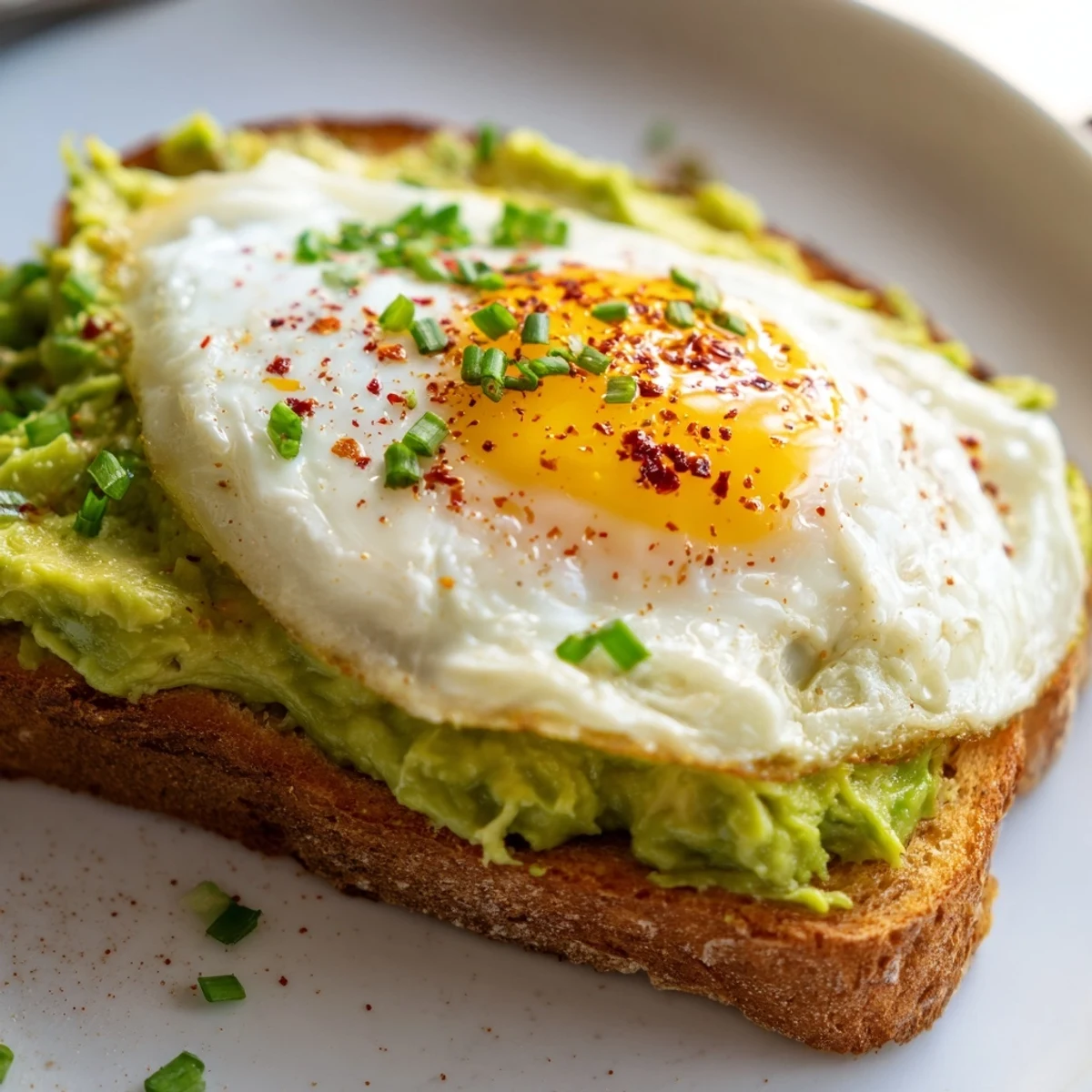 Nutritious breakfast plate showing two slices of avocado toast topped with sunny side up eggs