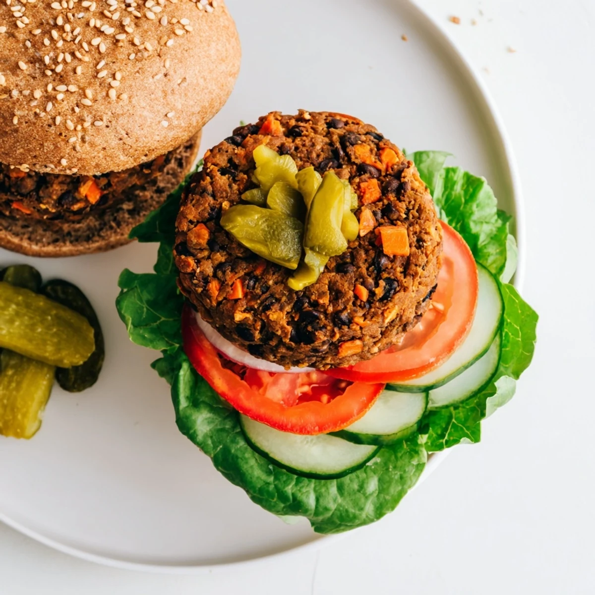 Flavorful vegetarian veggie burgers recipe served on buns with crisp lettuce, tomato, and pickles