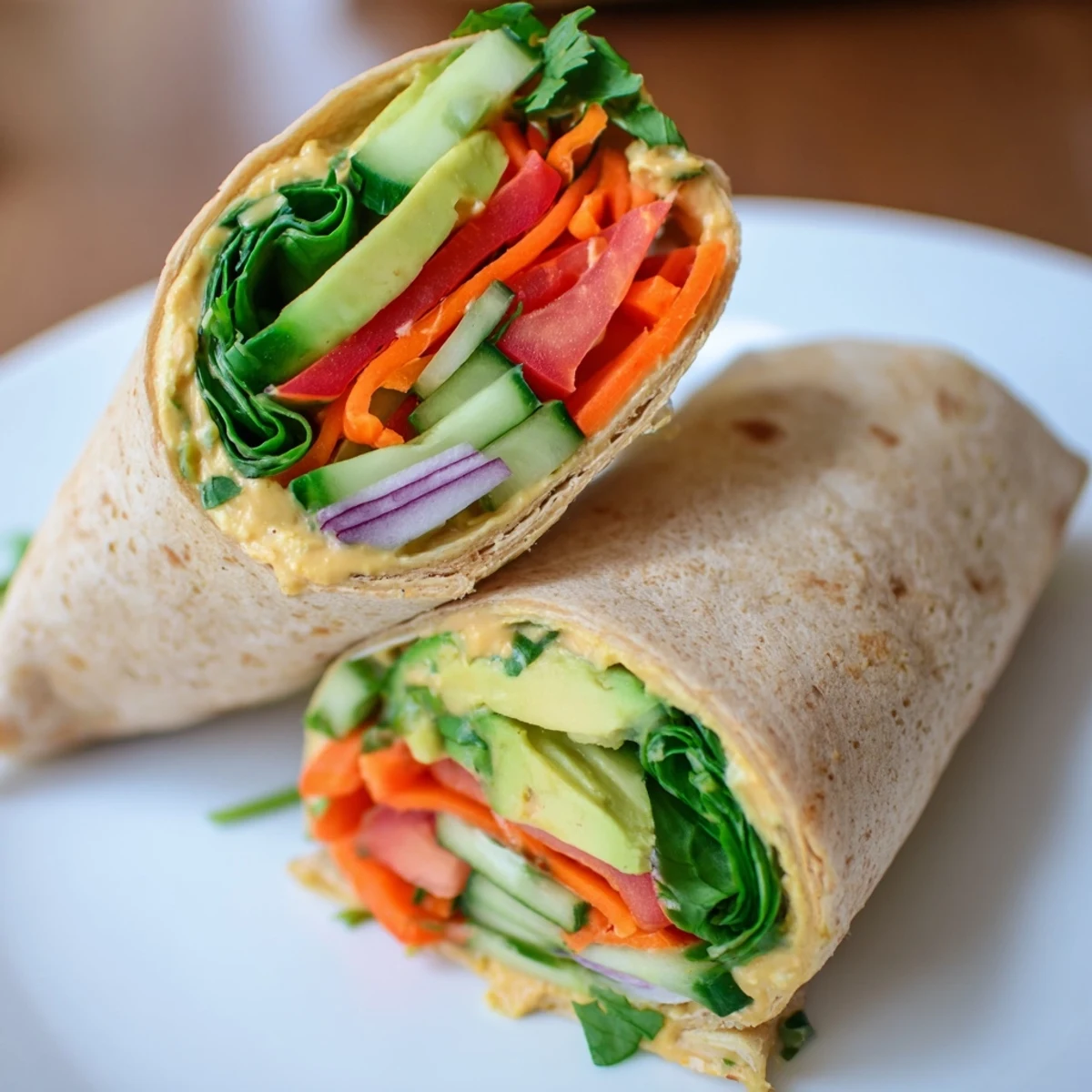 Golden whole wheat wrap rolled tightly with colorful Mediterranean vegetables and creamy hummus filling