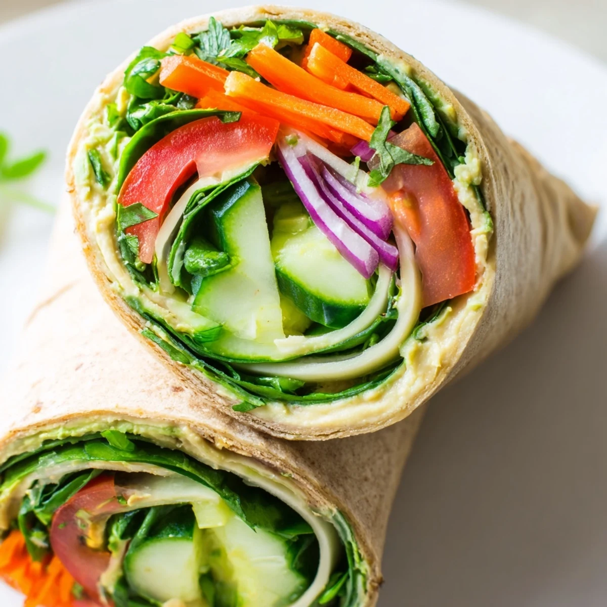 Fresh vegetable hummus wrap sliced diagonally showcasing layers of crisp greens and ripe red peppers