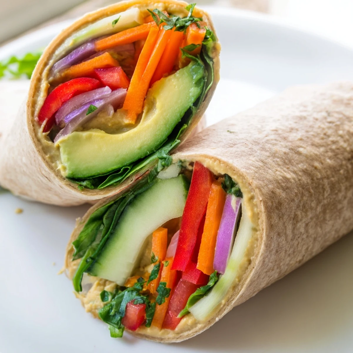 Plant-based heavenly hummus wrap overflowing with sliced cucumber carrots spinach and creamy spread