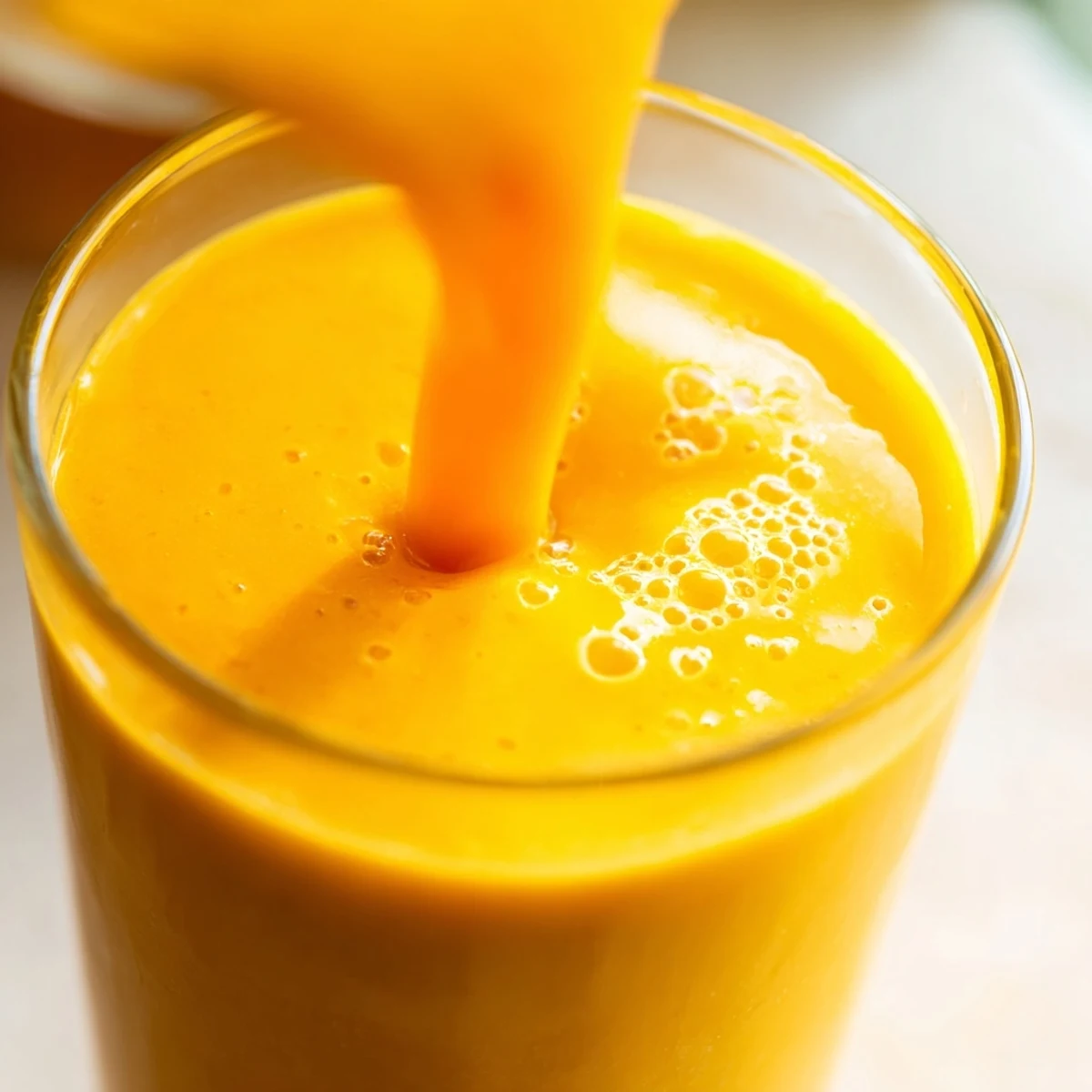 Golden Tropical Pineapple Mango Smoothie Recipe poured into a tall glass with fresh fruit garnish