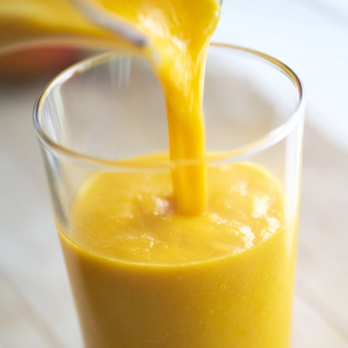 Vibrant yellow Tropical Pineapple Mango Smoothie Recipe topped with chia seeds and mango slice garnish
