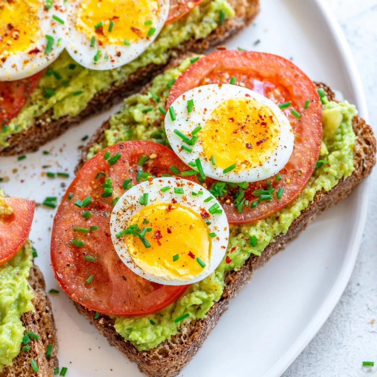 Golden toasted bread layered with mashed avocado, sliced tomato, and hard-boiled egg for this avocado toast with tomato and hard boild egg recipe