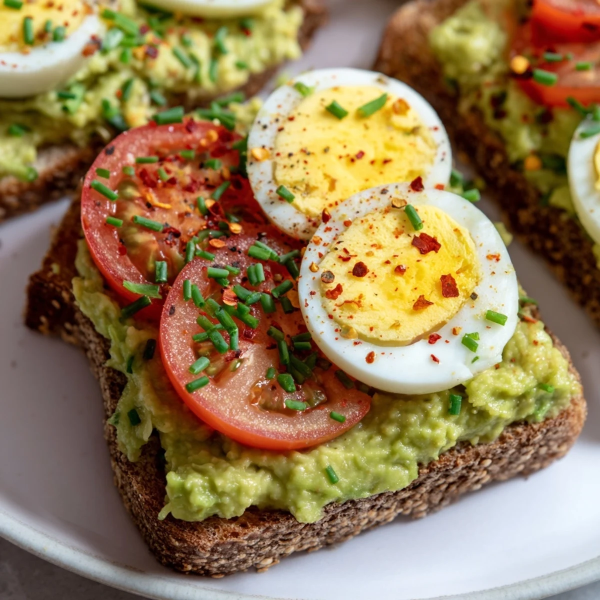 Crispy sourdough topped with creamy avocado, fresh tomato slices, and protein-rich eggs in this avocado toast with tomato and hard boild egg recipe