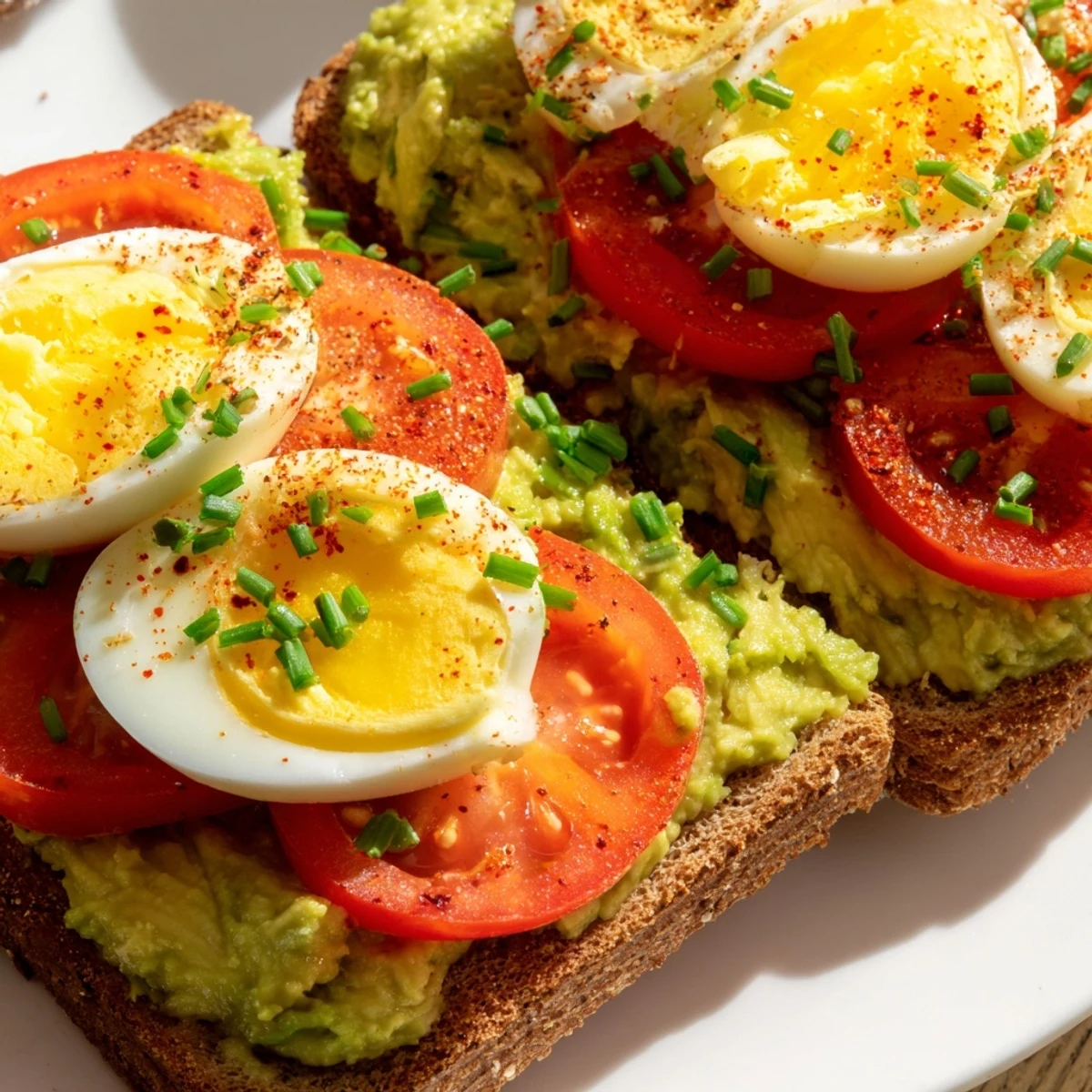Breakfast toast featuring mashed green avocado, ripe red tomato, and sliced hard-boiled eggs in this avocado toast with tomato and hard boild egg recipe
