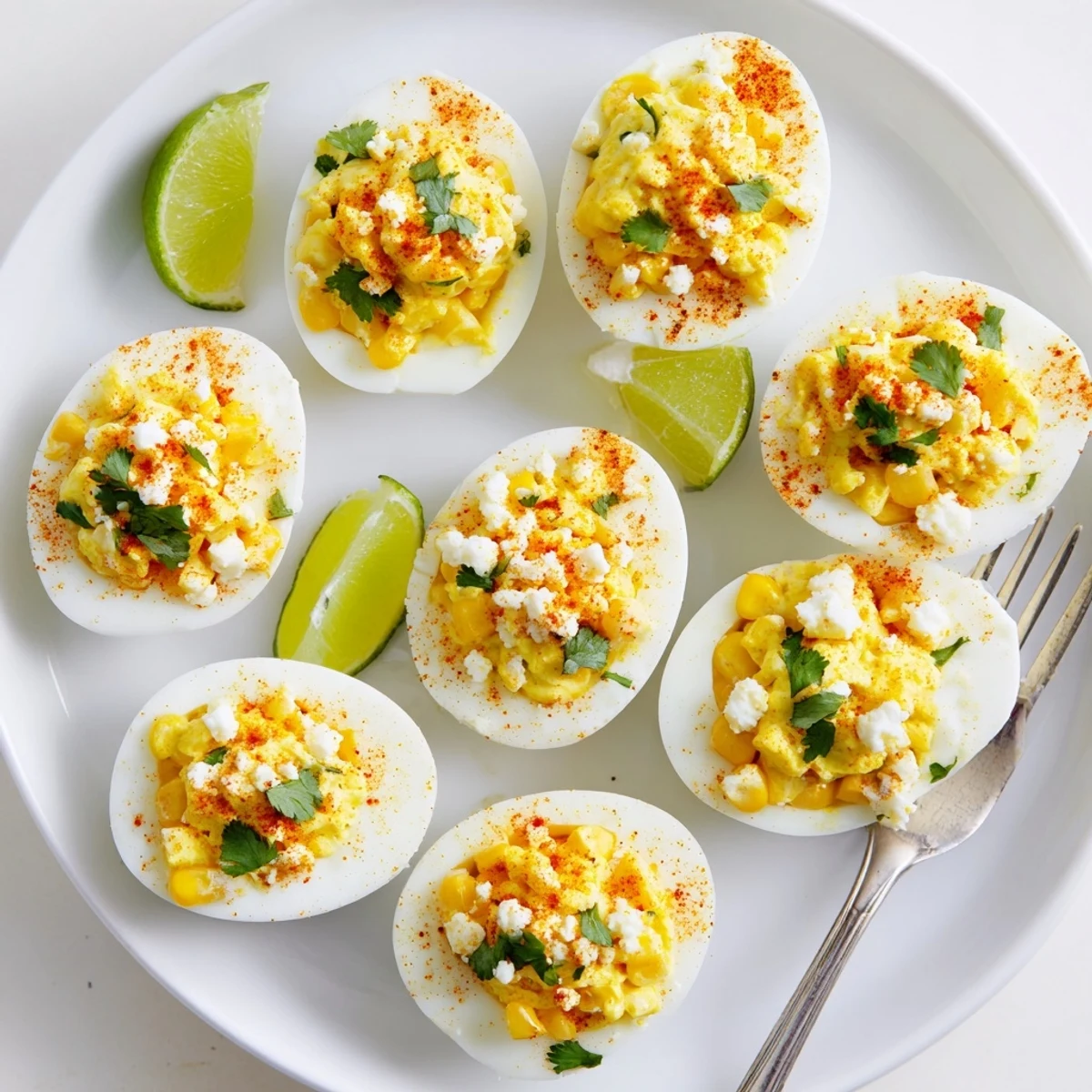 Golden Mexican Street Corn Deviled Eggs topped with crumbly cotija cheese and fresh cilantro on a white serving plate