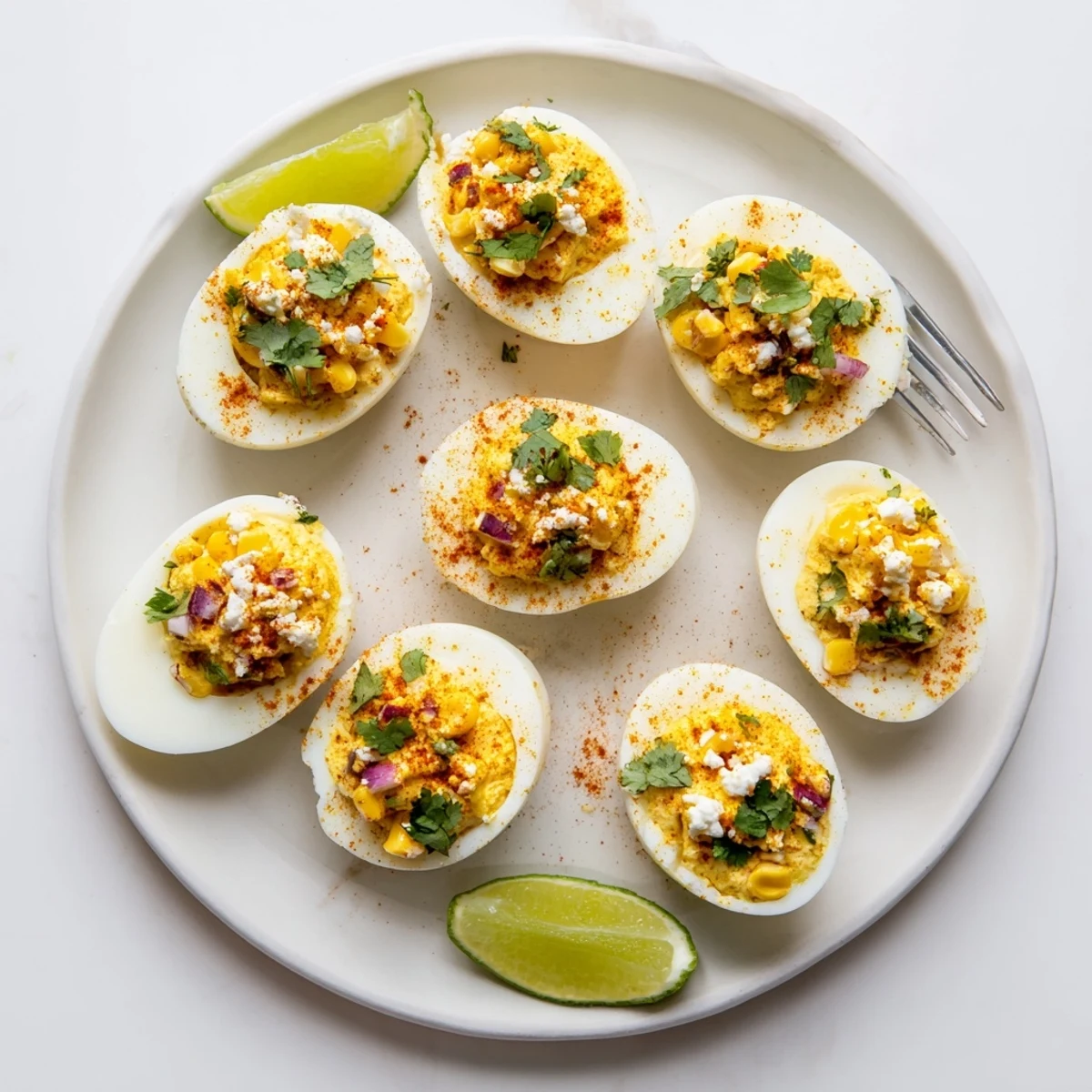 Creamy Mexican Street Corn Deviled Eggs garnished with chili powder, lime wedges, and sweet corn kernels