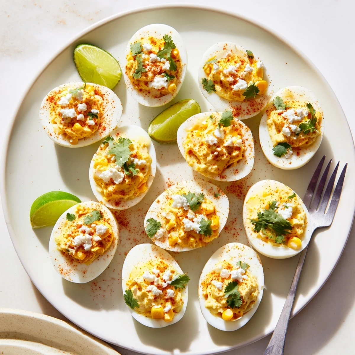 Platter of zesty Mexican Street Corn Deviled Eggs sprinkled with Tajín and chopped fresh cilantro