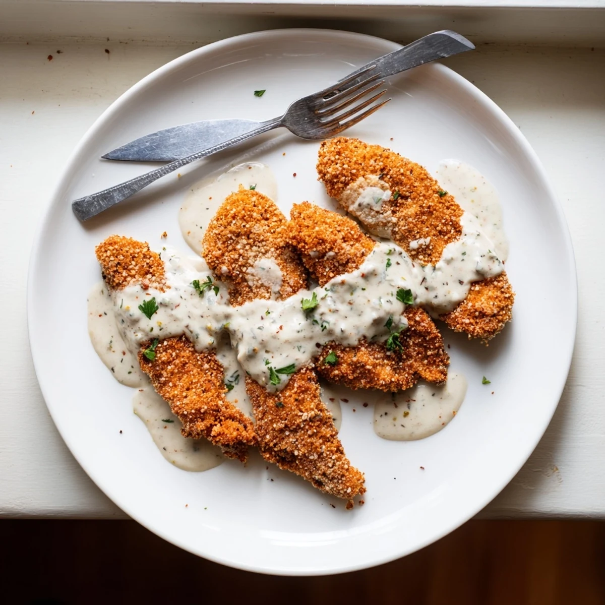 Fried crispy chicken with golden breadcrumb coating served over luscious white creamy garlic sauce garnished with parsley