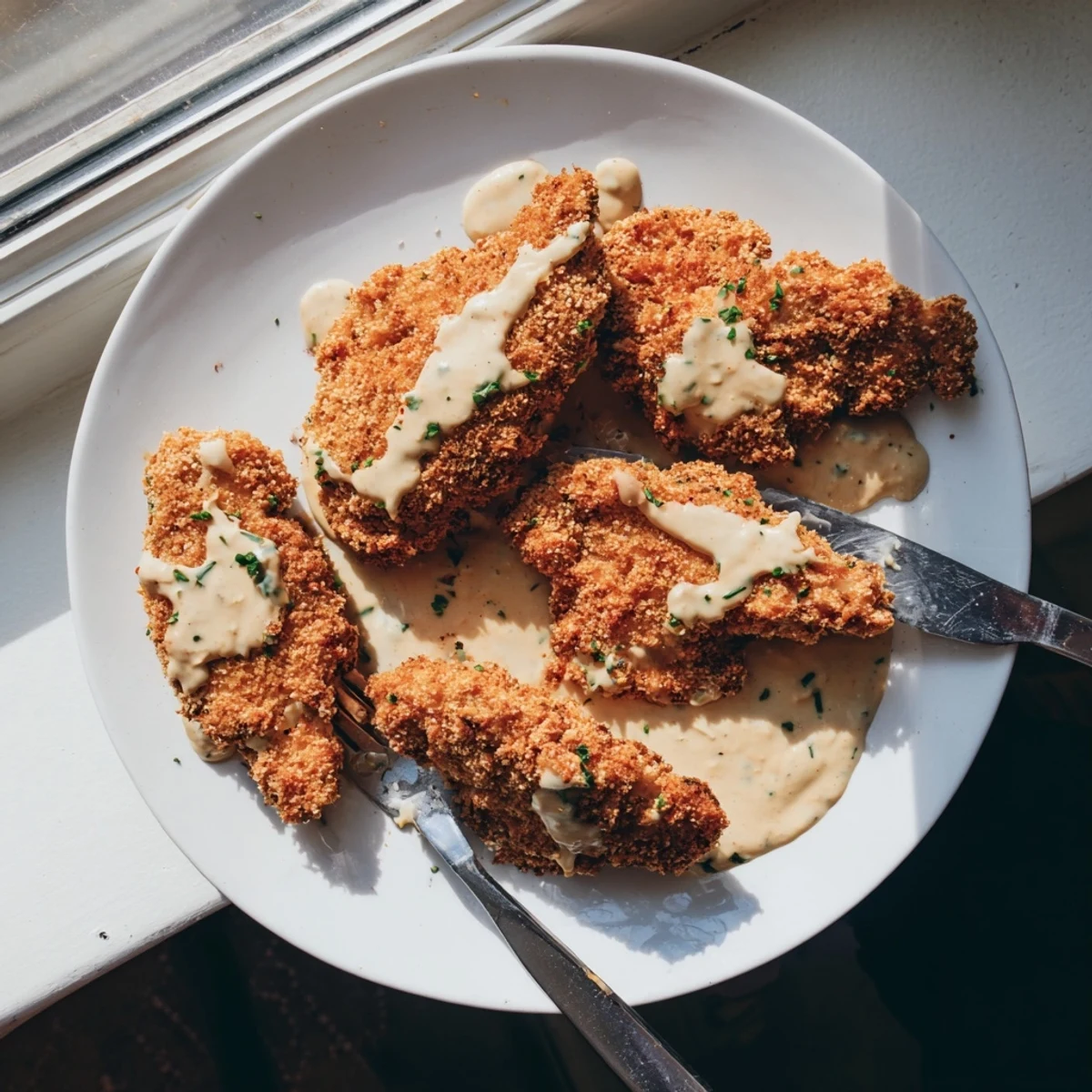 Golden brown crispy chicken breasts drizzled with rich velvety Parmesan creamy sauce on a white plate