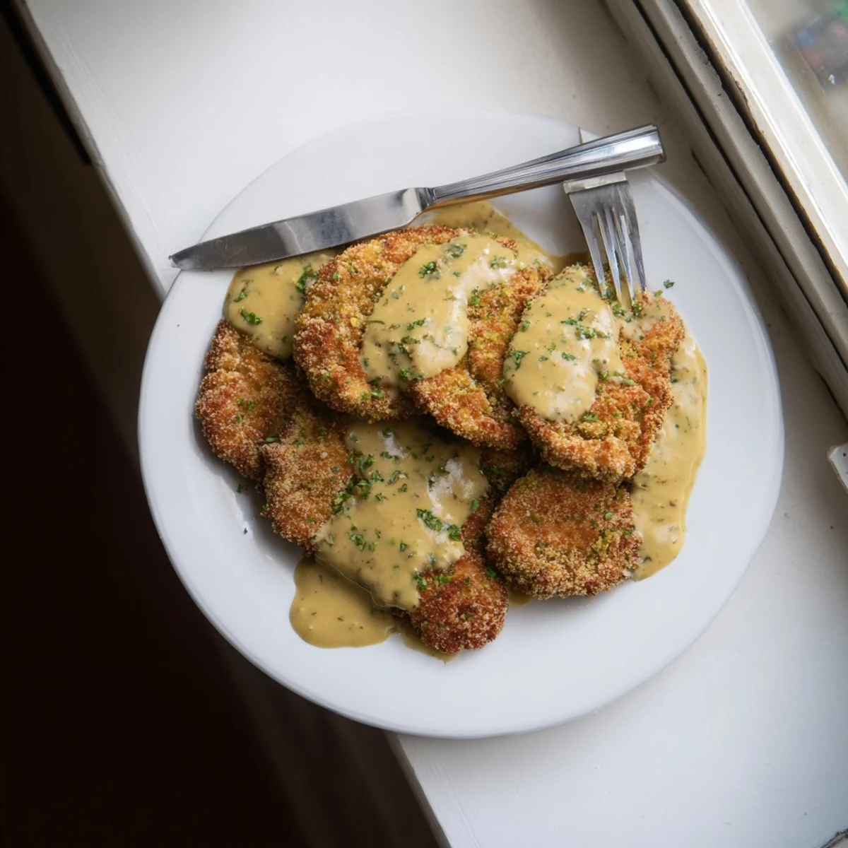 Pan-fried chicken cutlets with crisp exterior topped with smooth Dijon cream sauce and fresh herbs