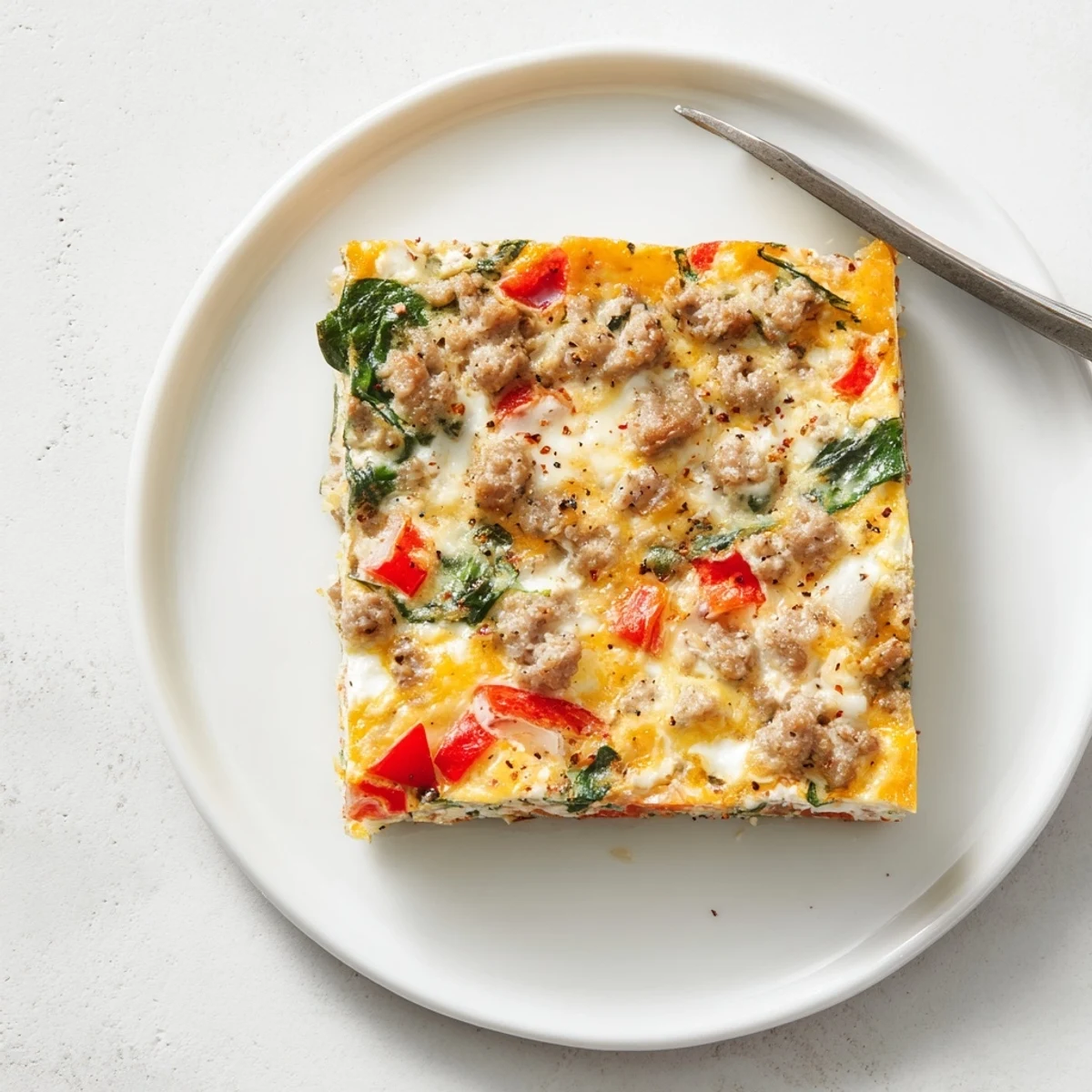 Sliced high protein egg casserole displaying fluffy texture with sausage and vegetables