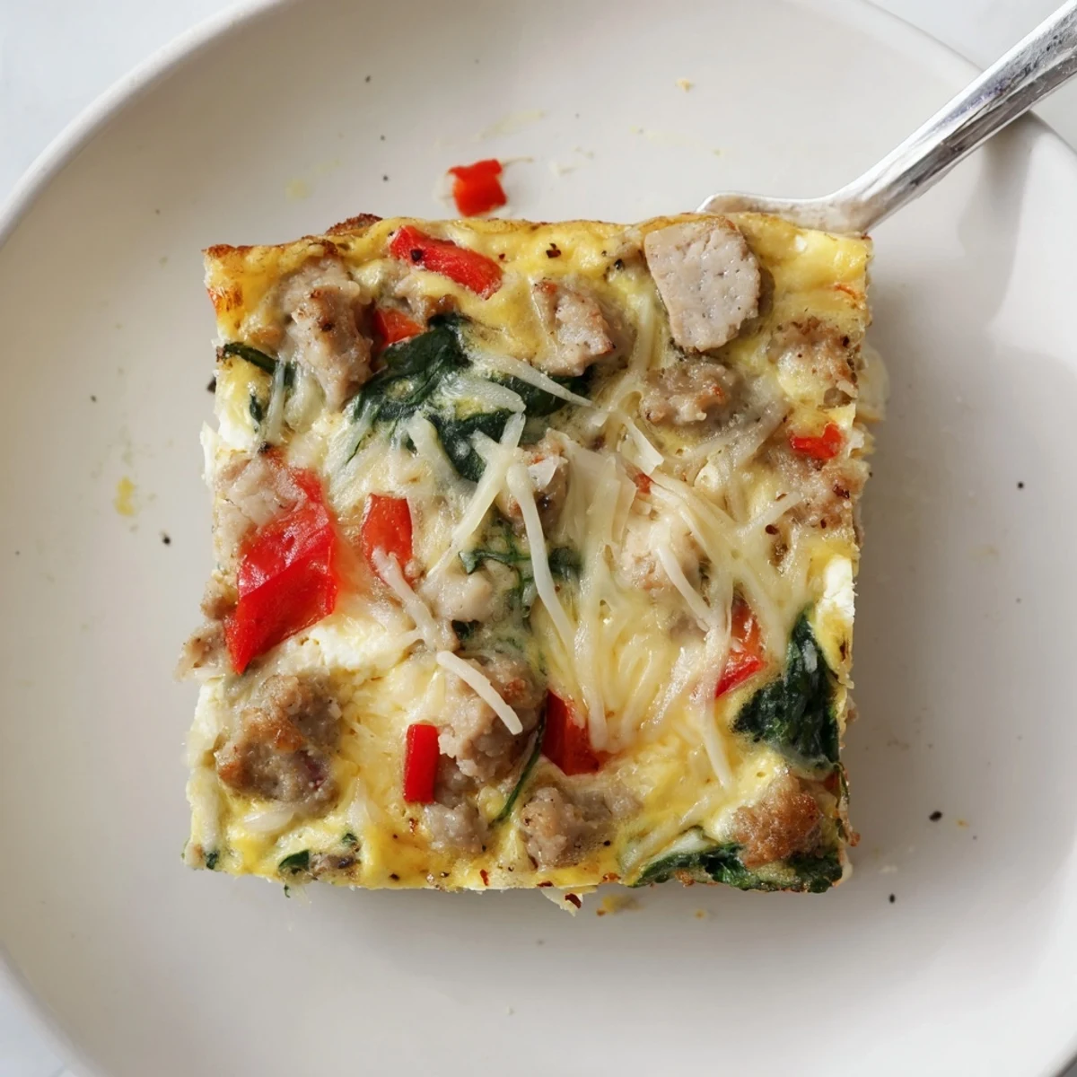 Golden high protein egg casserole with melted cheddar, colorful peppers, and spinach