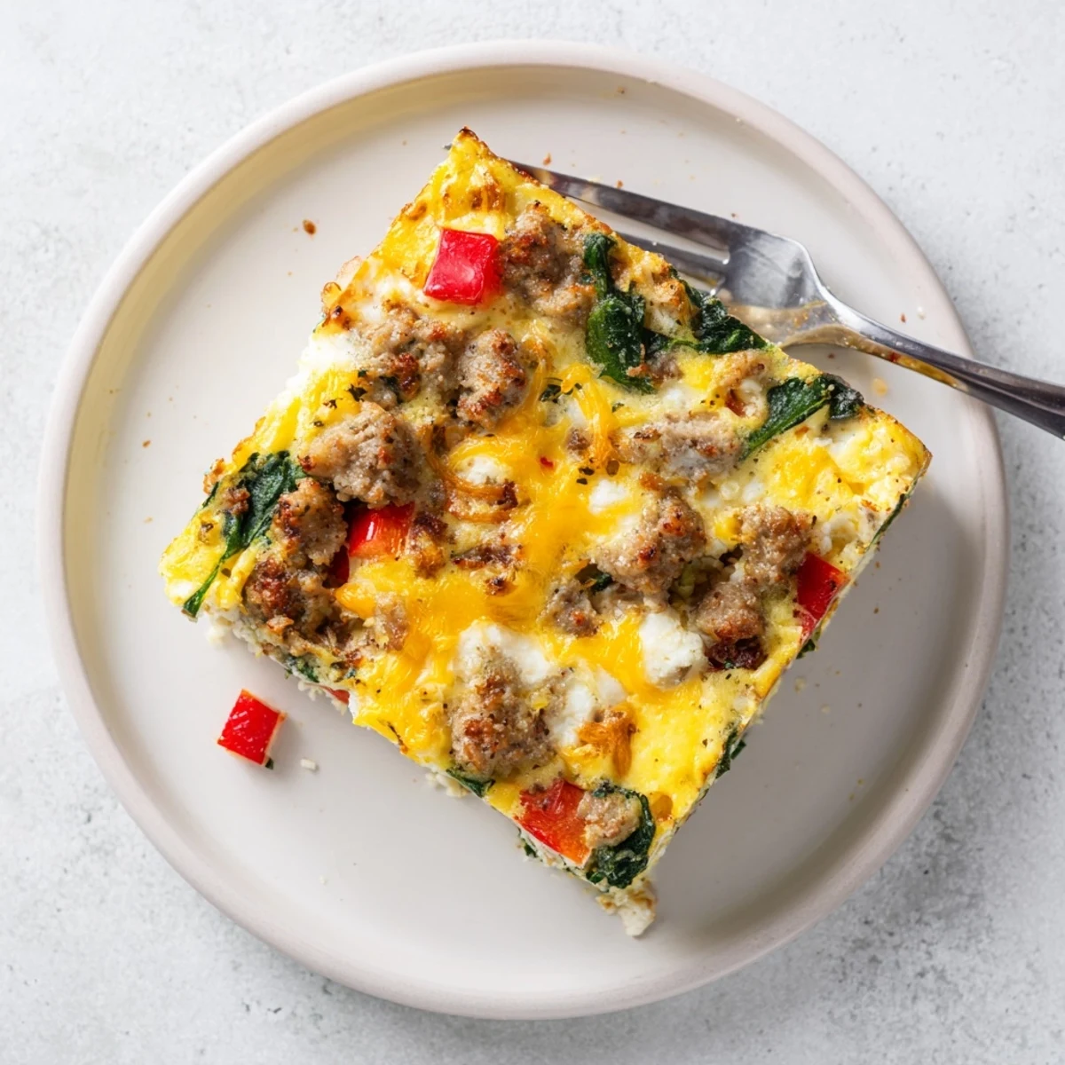 Baked high protein egg casserole fresh from oven with bubbly cheese topping