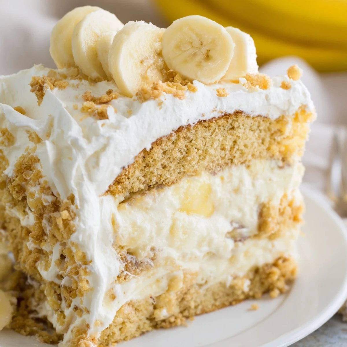Golden layered banana pudding cake recipe topped with fluffy whipped cream and fresh banana slices against vanilla wafer crumbs