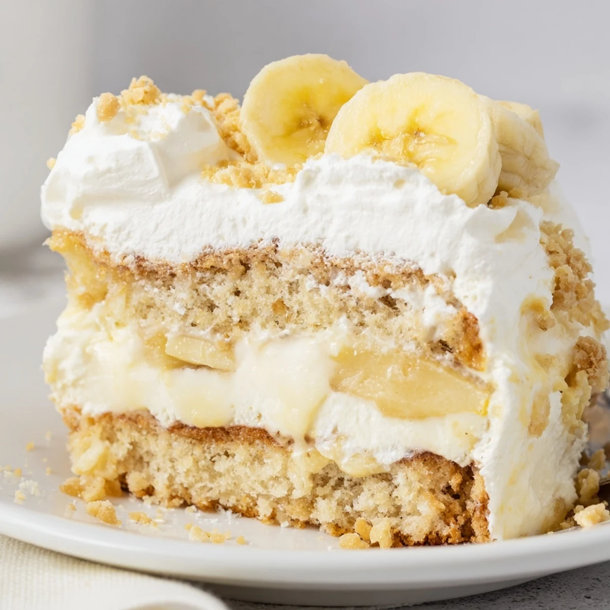 Sliced banana pudding cake recipe revealing luscious pudding filling and crushed vanilla wafers between moist yellow cake