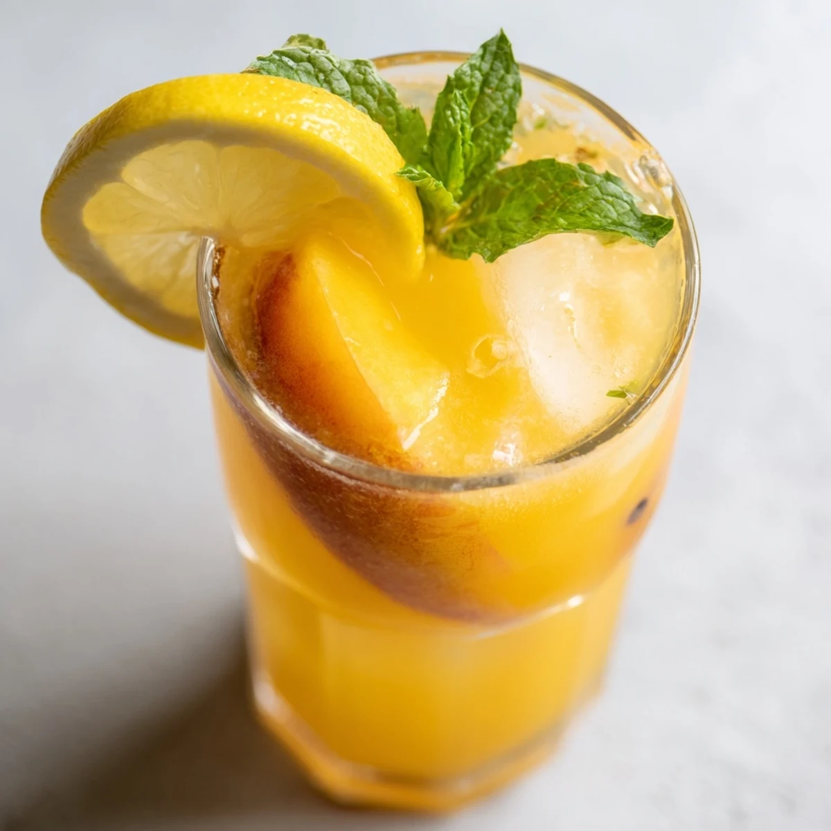 Refreshing homemade peach lemonade pitcher garnished with mint leaves and fresh fruit on a summer day