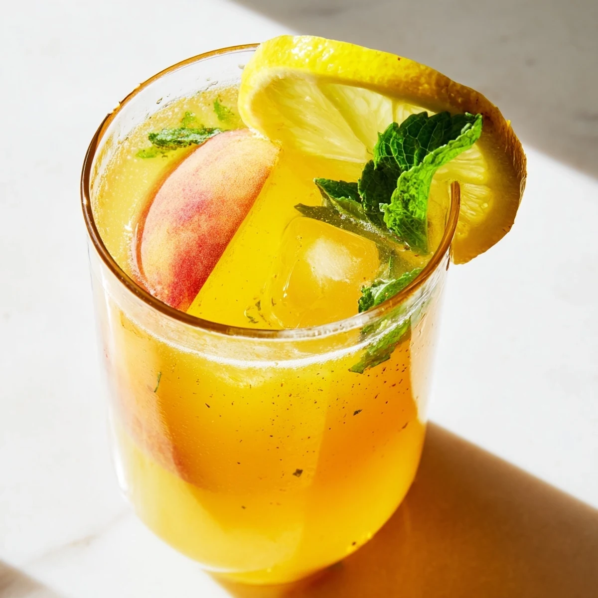 Vibrant peach lemonade drink served over ice with citrus garnish and peach wedges for a cool treat