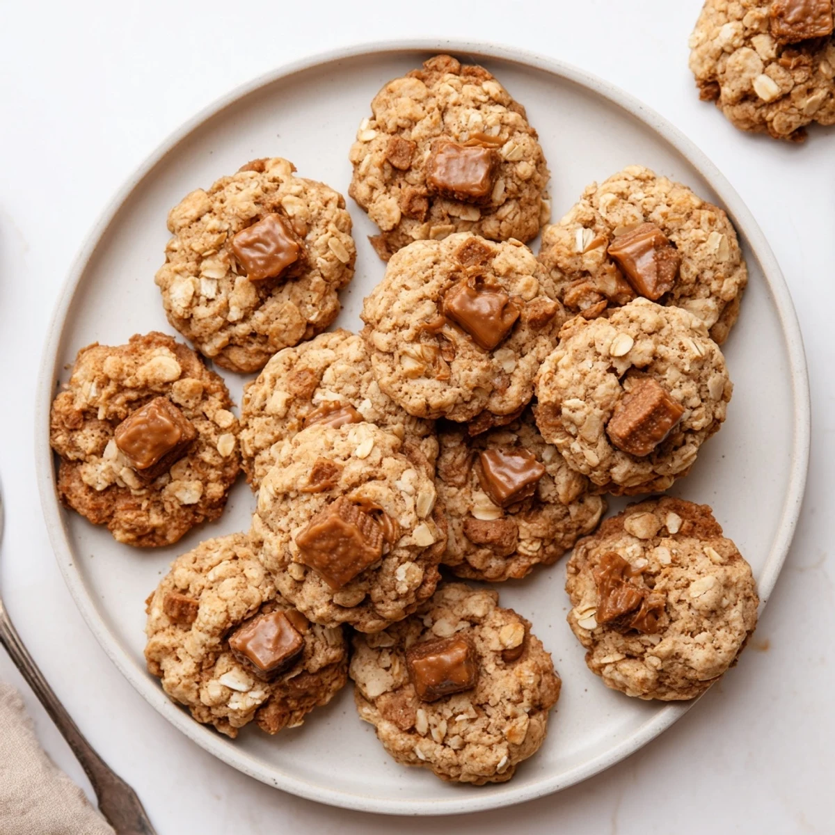 Golden brown Biscoff oatmeal Lotus cookies stacked on a wire cooling rack with visible caramelized cookie chunks