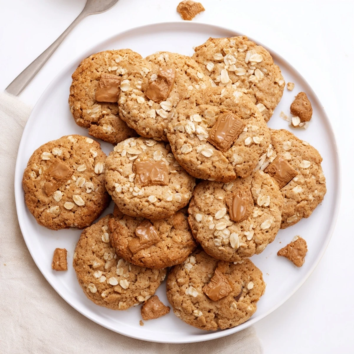 Chewy homemade Biscoff oatmeal cookies featuring crushed Lotus biscuits on a rustic wooden serving board