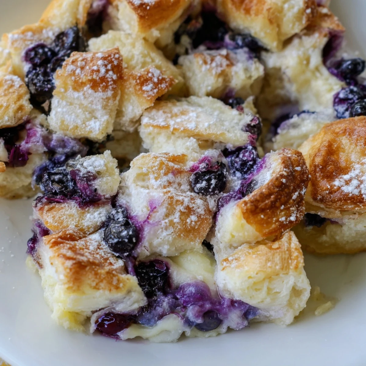 Baked breakfast casserole featuring day-old croissants soaked in creamy vanilla custard with blueberries