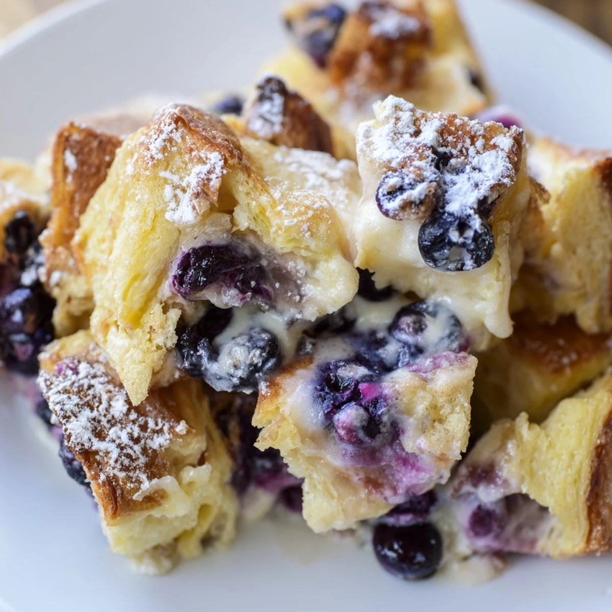 Golden blueberry cream cheese croissant casserole with buttery layers and powdered sugar dusting