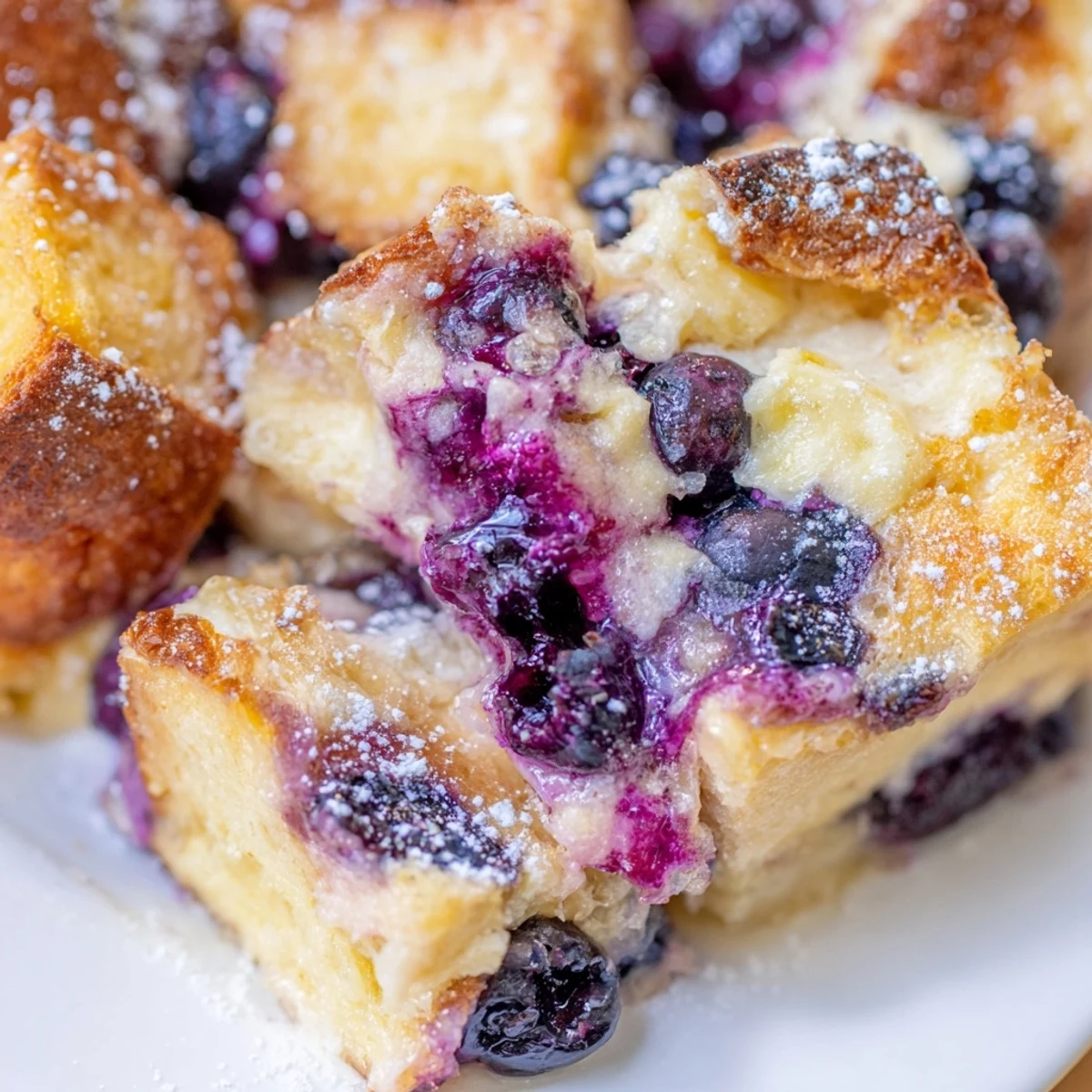 Warm blueberry cream cheese croissant casserole served with maple syrup for a decadent brunch
