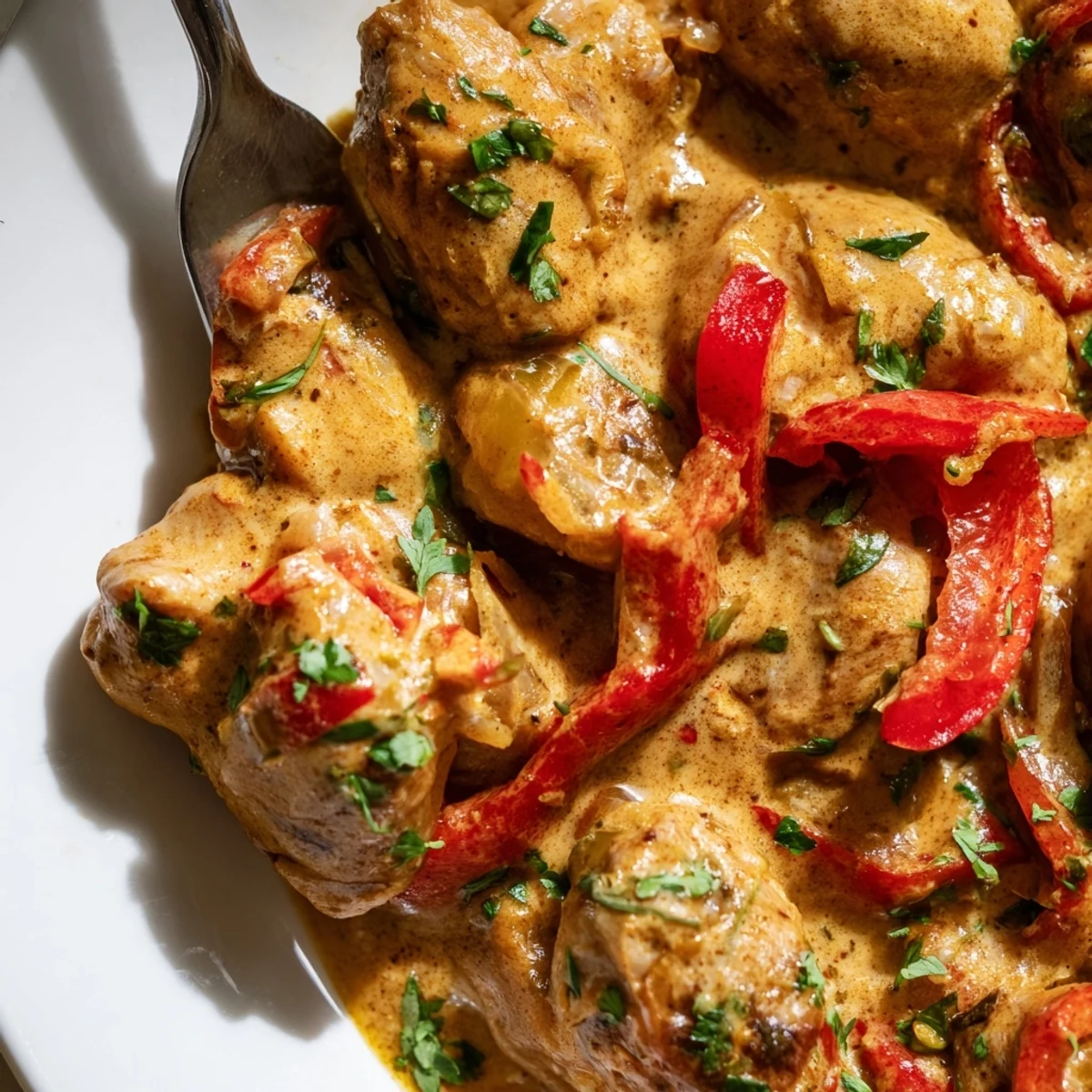 Golden coconut sauce coats tender chicken chunks with vibrant red peppers and fresh cilantro garnish