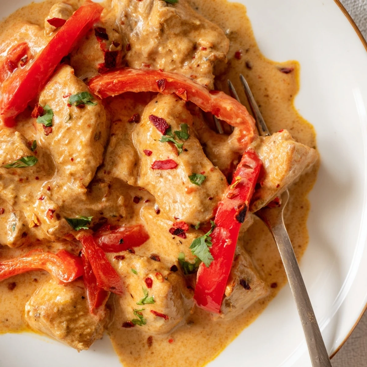 Tender chicken thighs swimming in zesty spiced coconut sauce topped with fresh cilantro and red chili