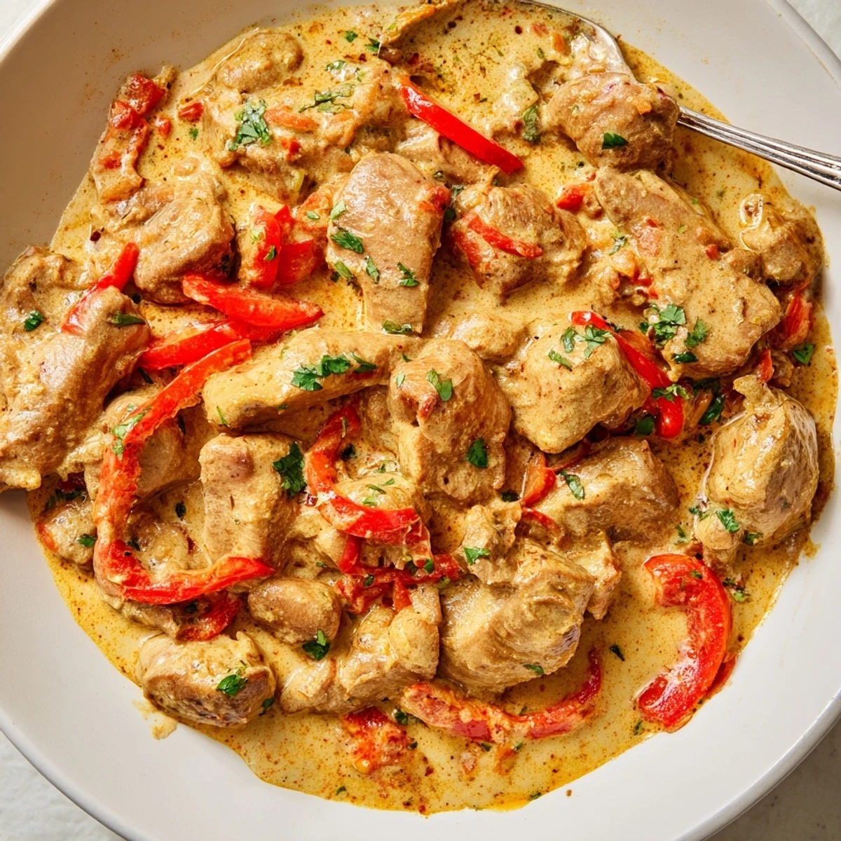 Spicy Brazilian chicken simmered in rich creamy coconut milk with aromatic herbs and lime wedges
