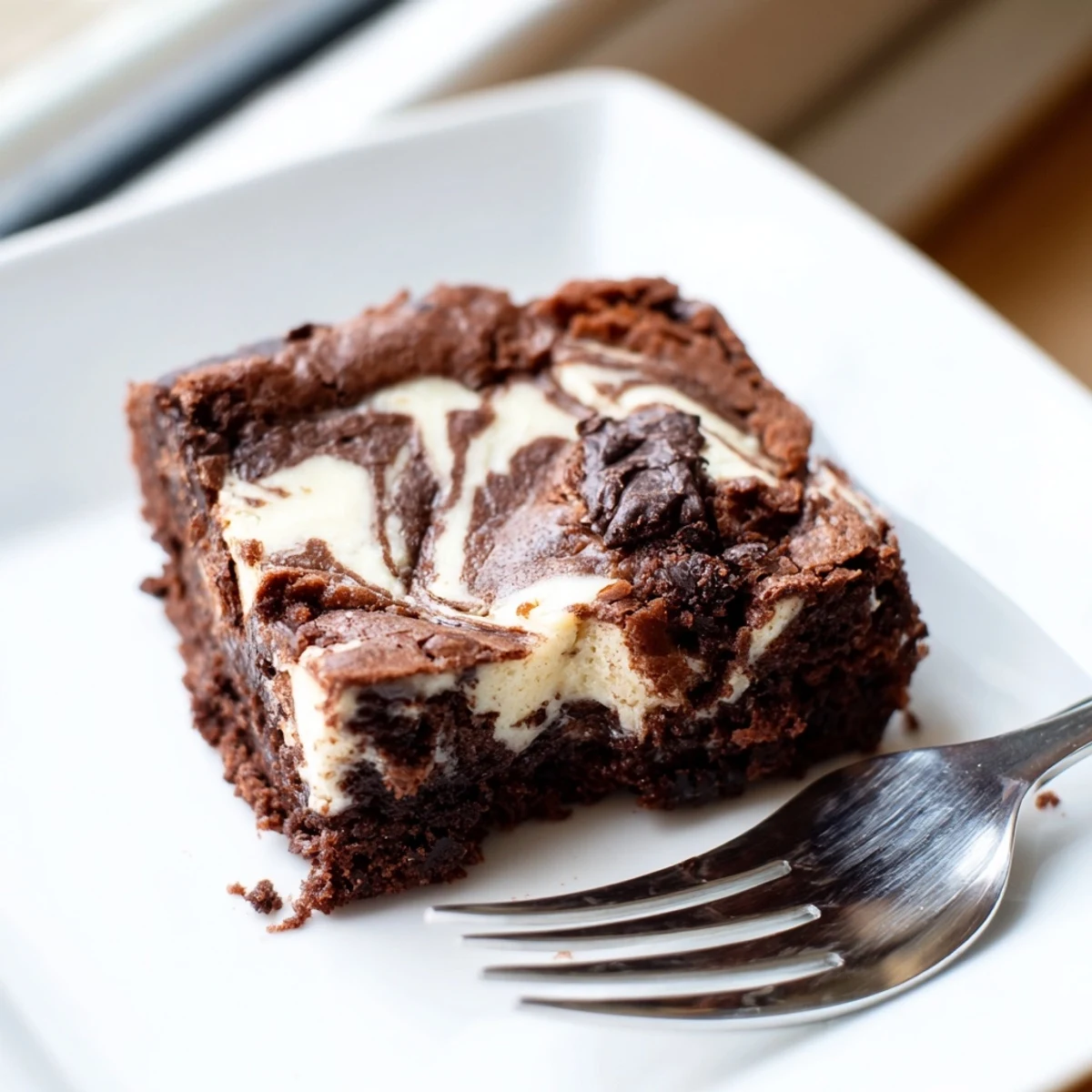 Rich chocolate brownies swirled with tangy cheesecake layer on a rustic wooden serving board