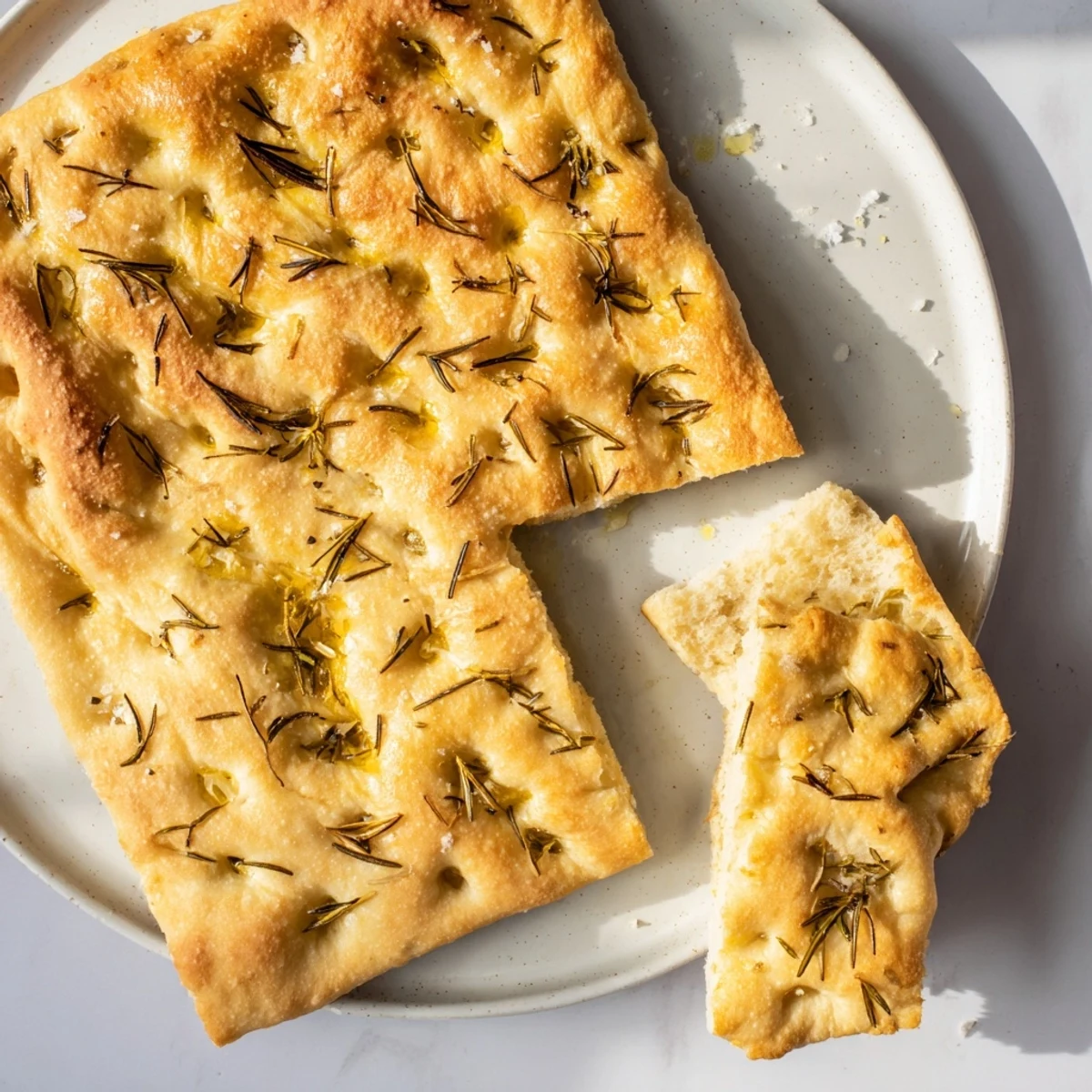 Golden homemade focaccia bread topped with fresh rosemary and sea salt on wooden board